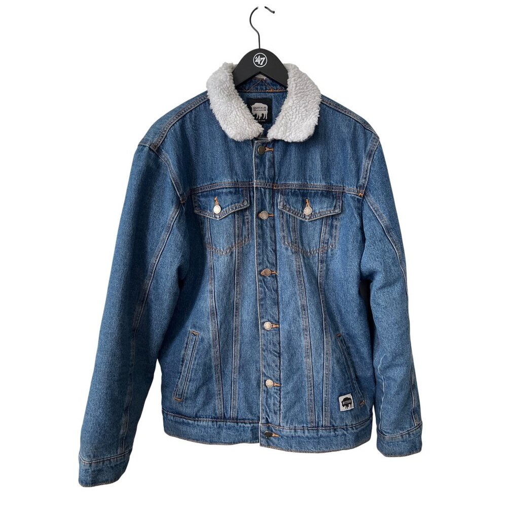 Buffalo Outdoors Sherpa Lined Denim Trucker Jacket Mens Large Blue Western Retro